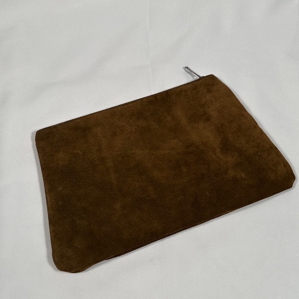 Brown Suede & Leather Zippered Clutch Bag with Gold Front Line Italy Vintage - Picture 3 of 8